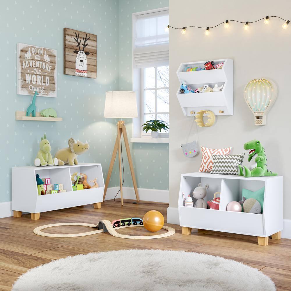 RiverRidge Home RiverRidge Kids Catch-All Wall Bookshelf with 2 Toy Storage Cubbies and 3 Wooden Hooks for Playroom, Nursery, and Reading Nook - White