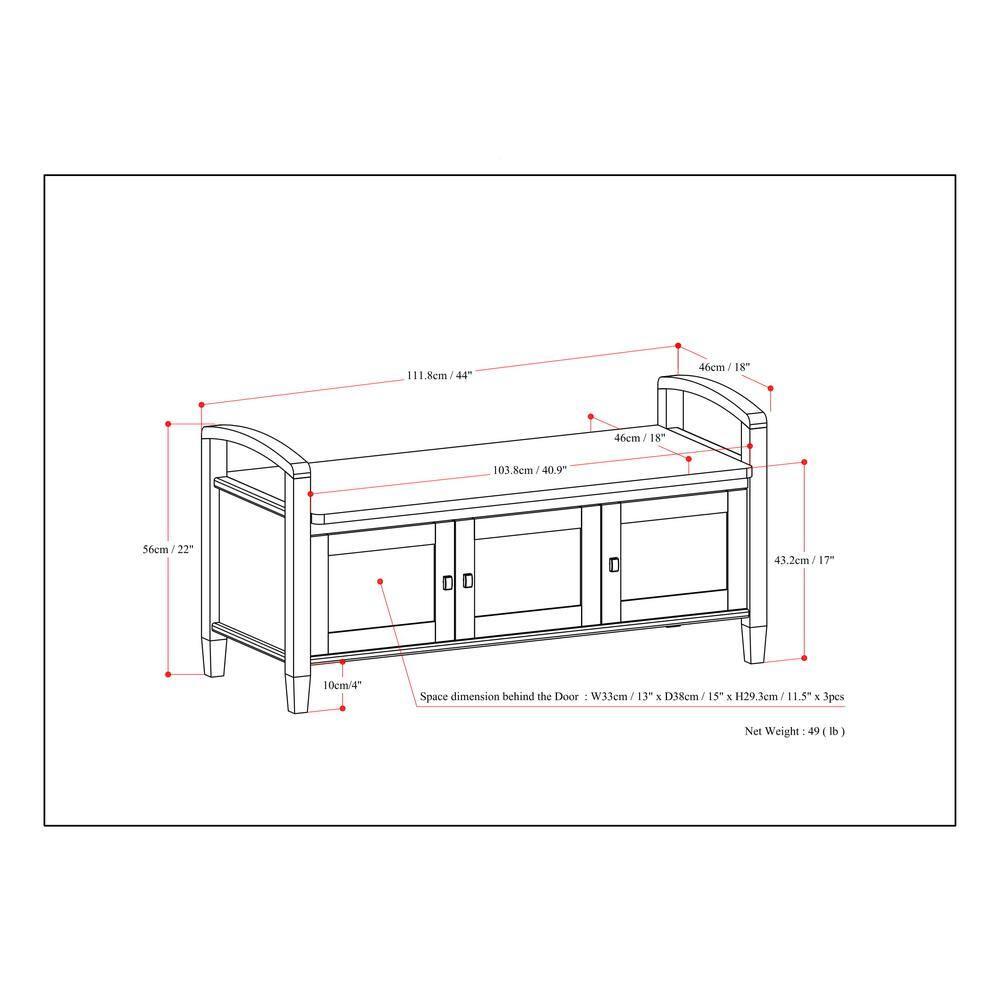 Simpli Home Warm Shaker 44"W Solid Wood Entryway Storage Bench with 3 Cabinets, Shaker-Style Doors and Interior Shelves