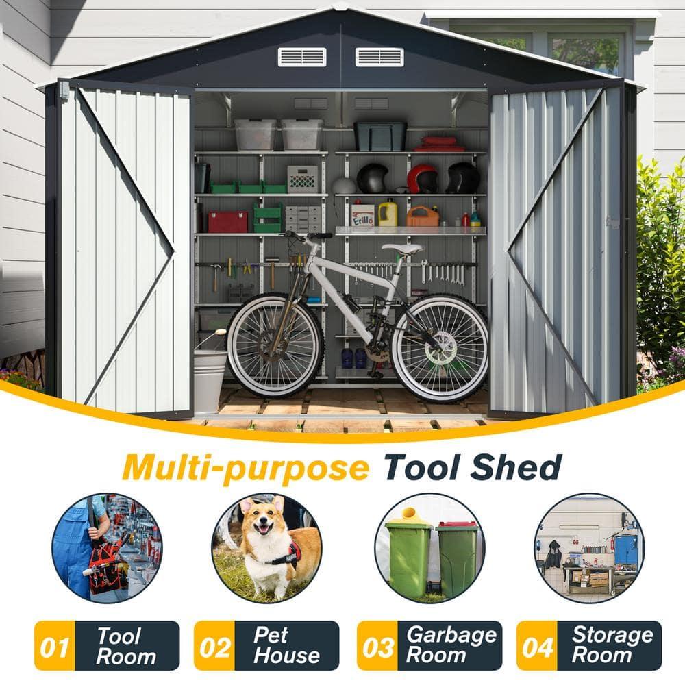 HOGYME 8' x 10' Large Outdoor Metal Storage Shed, Galvanized Steel Garden Tool Shed with Sliding Double Lockable Doors, 4 Vents for Backyard Patio Lawn, Carbon Black