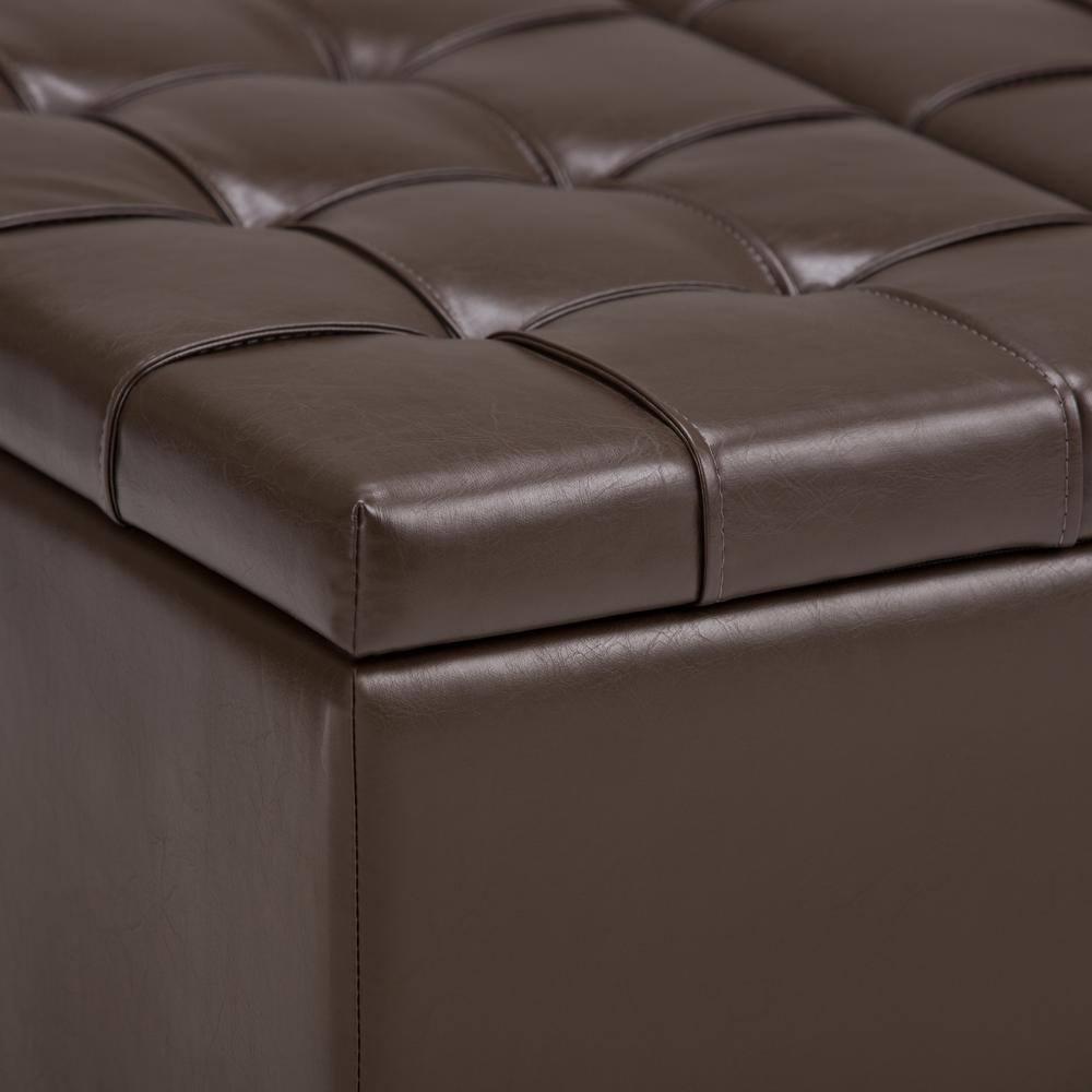 Simpli Home Harrison 36"W Upholstered Square Coffee Table Storage Ottoman with Split Lift Top