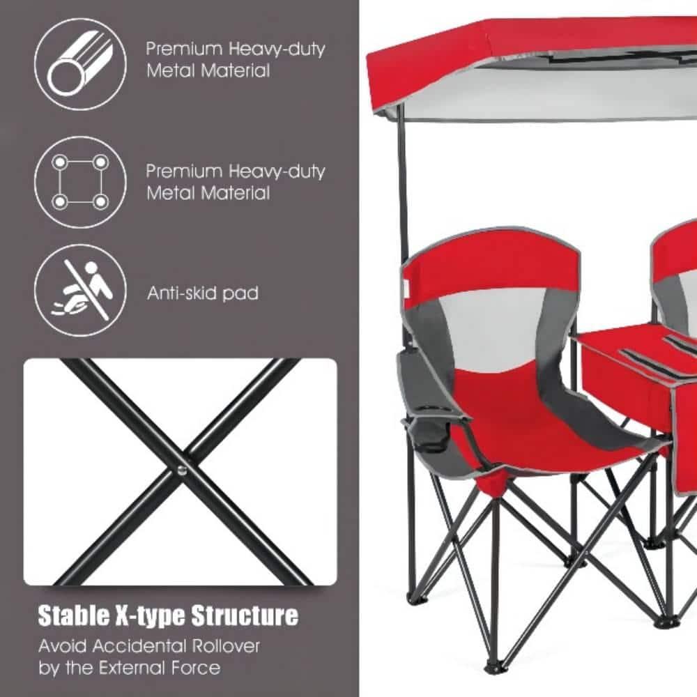 Costway Portable Folding Camping Canopy Chairs w/ Cup Holder Cooler Outdoor Red