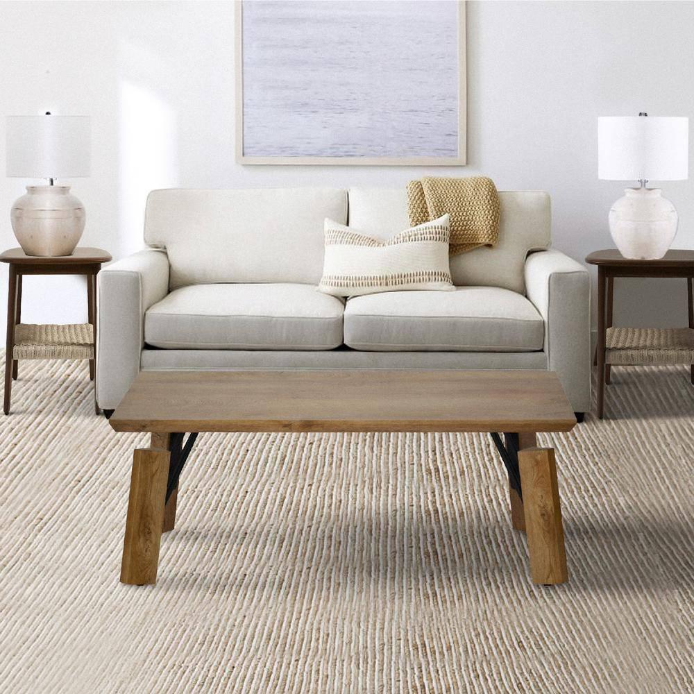 Rectangular Wooden Coffee Table with Block Legs, Natural Brown