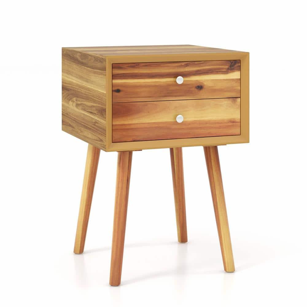 Tangkula Wooden Nightstand with 2 Storage Drawers Accent End Side Table for Bedroom&Living room Natural