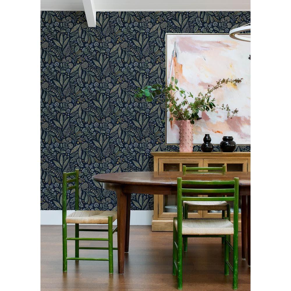 Navy Blue Floral Non-Woven Removable Wallpaper