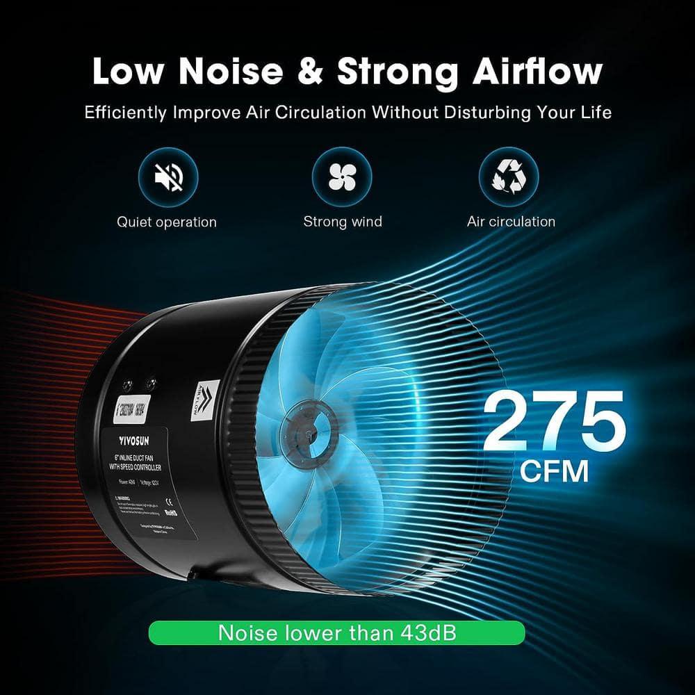 VIVOSUN Inline Booster Duct Fan 6” 275 CFM with Speed Controller, HVAC Exhaust Ventilation Fan with Low Noise for Basements, Bathrooms, Kitchens, Attics, Grow Tents