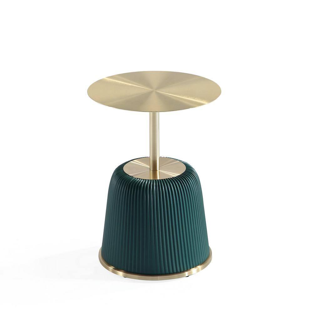 Manhattan Comfort Set of 2 Anderson Leatherette Upholstered End Tables with Gold Tabletop Green: Round, No Assembly, Stainless Steel Frame