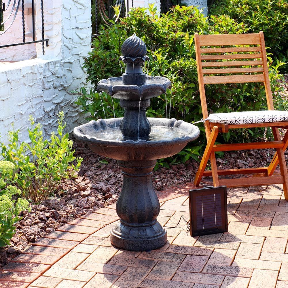 Sunnydaze Outdoor 2-Tier Solar Powered Water Fountain with Battery Backup and Submersible Pump - 35" - Black Earth Finish