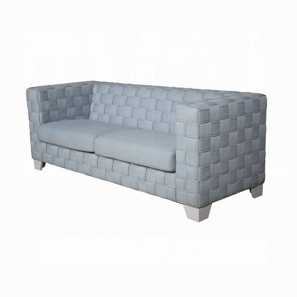 White and Teal Chenille 85" Track Arm Sofa