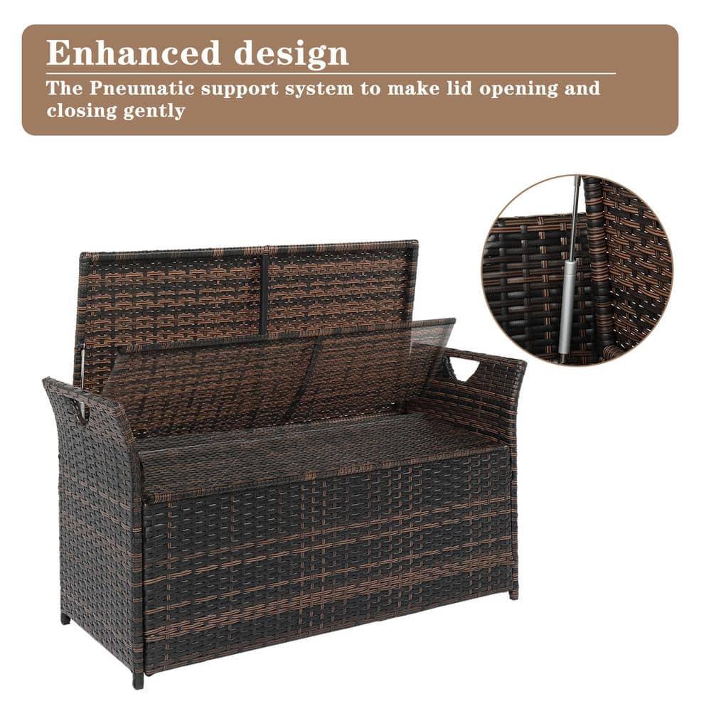 Brown Wicker Outdoor Storage Bench with Metal Frame