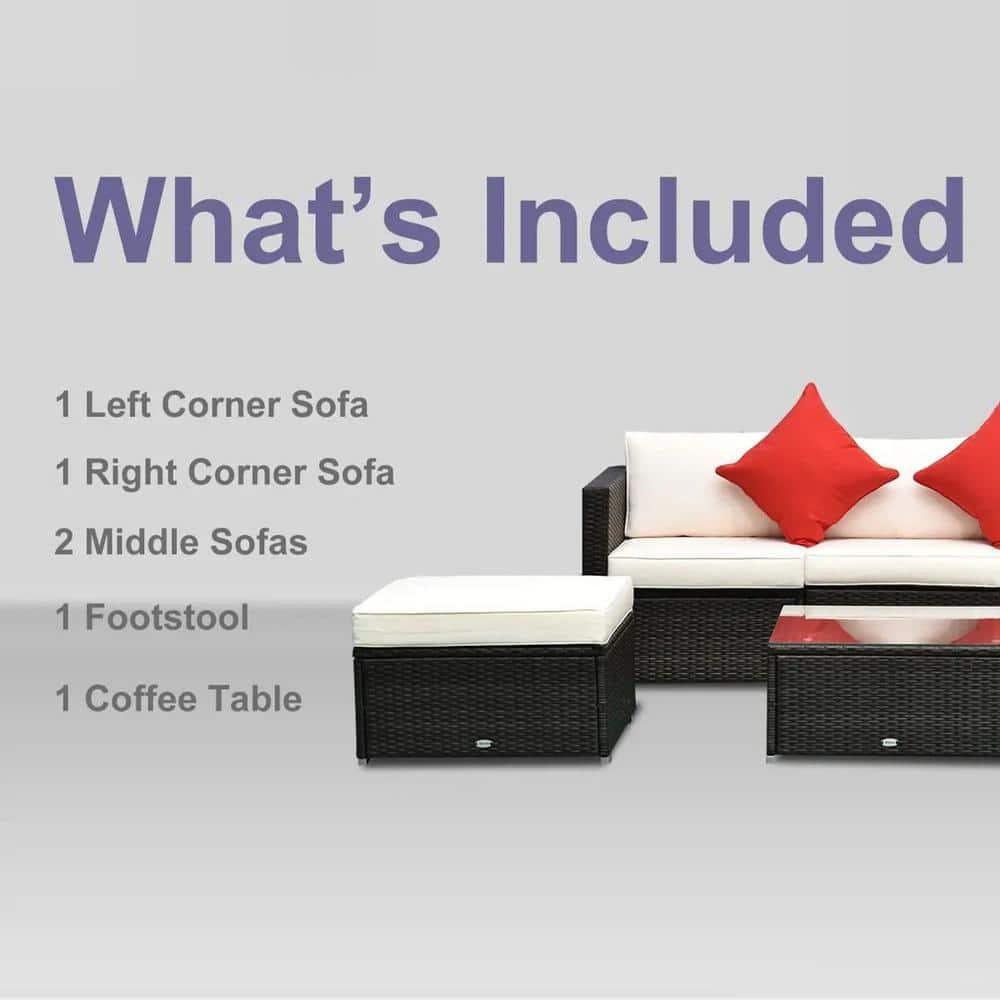 Outsunny 6 Pieces Outdoor PE Rattan Sofa Set, Sectional Conversation Wicker Patio Couch Furniture Set with Cushions and Coffee Table, White