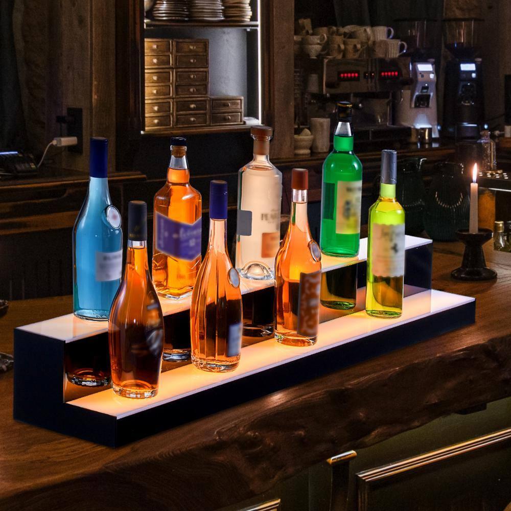 VEVOR LED Lighted Liquor Bottle Display, 2 Tiers 48 Inch Commercial Illuminated Home Bar Shelf, 2 Steps Whiskey Rack Stand, Acrylic Drink Shelves with RF Remote & App Control, and Multicolor Lighting