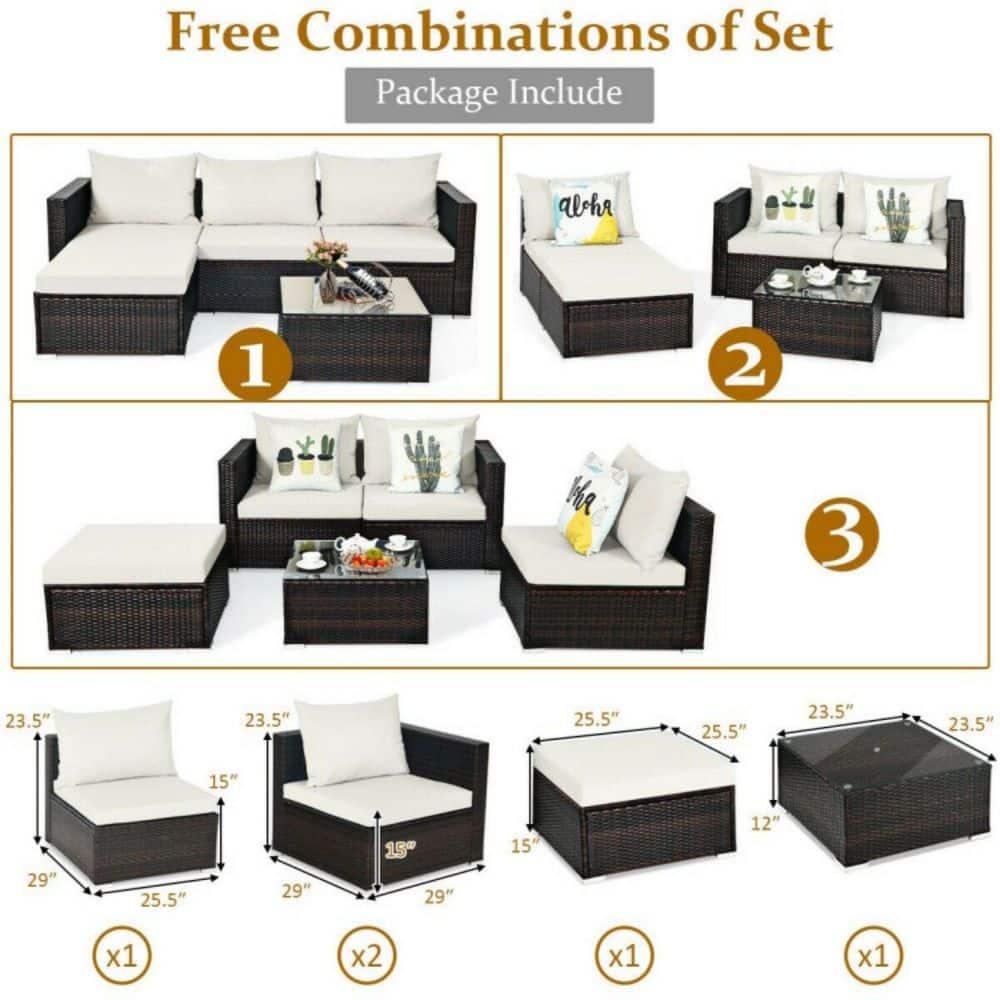 Topcobe 5 Pieces Patio Rattan Sectional Furniture Set with Cushions and Coffee Table, Outdoor Furniture, Off White