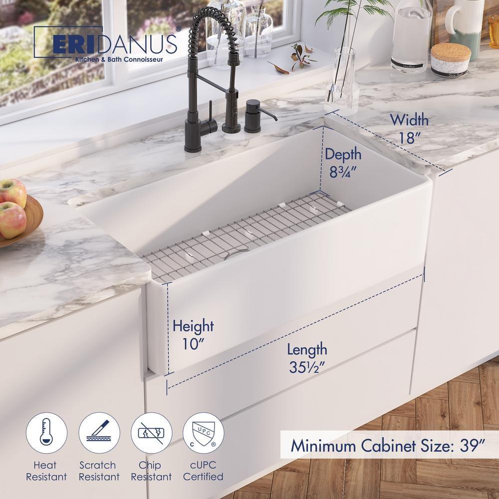 Denbigh 36'' W Farmhouse / Apron Single Bowl White Fireclay Kitchen Sink with Accessories