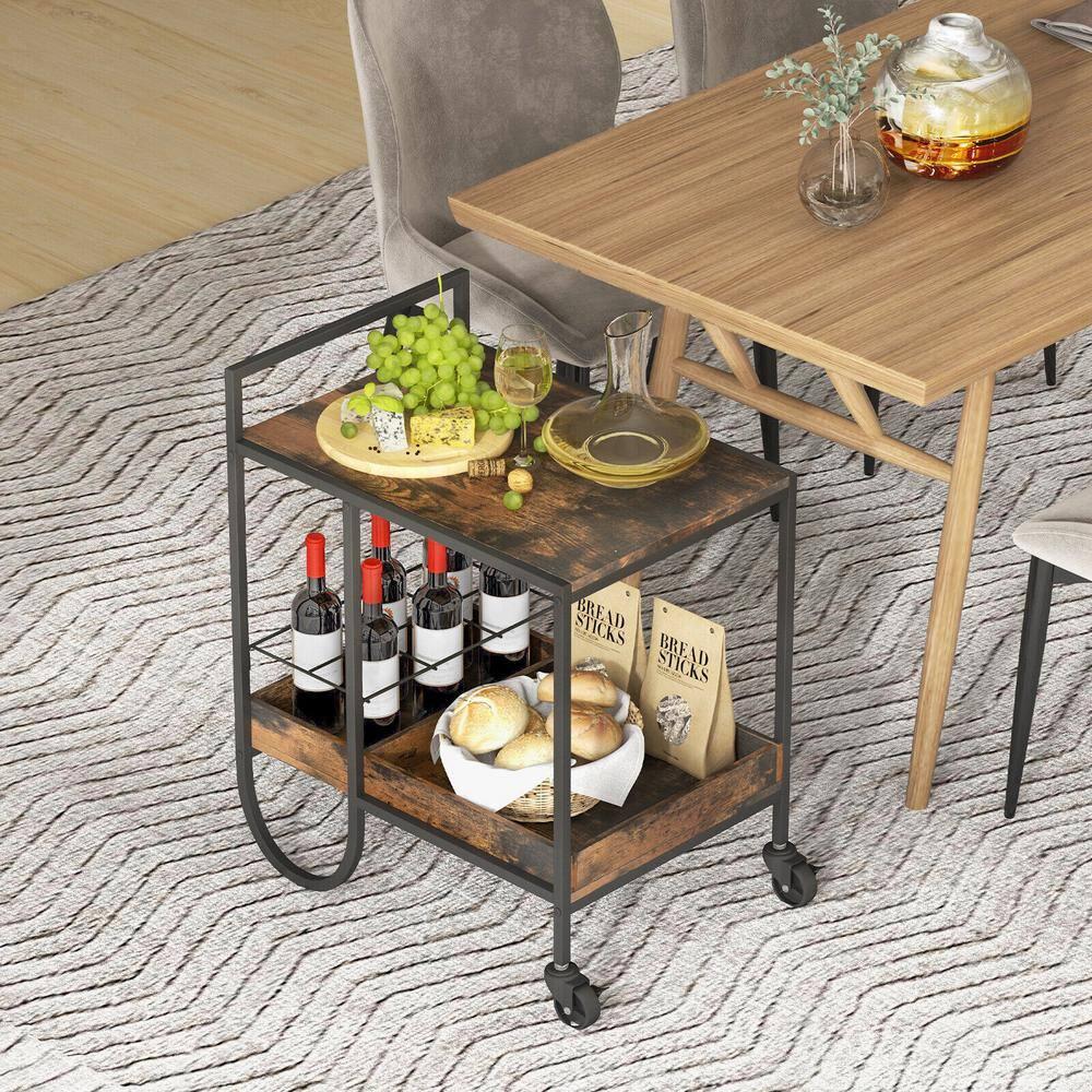 2-Tier Rolling Buffet Kitchen Cart with Removable Metal Wire Wine Rack