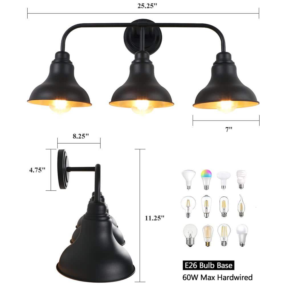 Farmhouse 25.25 in. 3-Light Black Vanity Light with Black Metal Shades