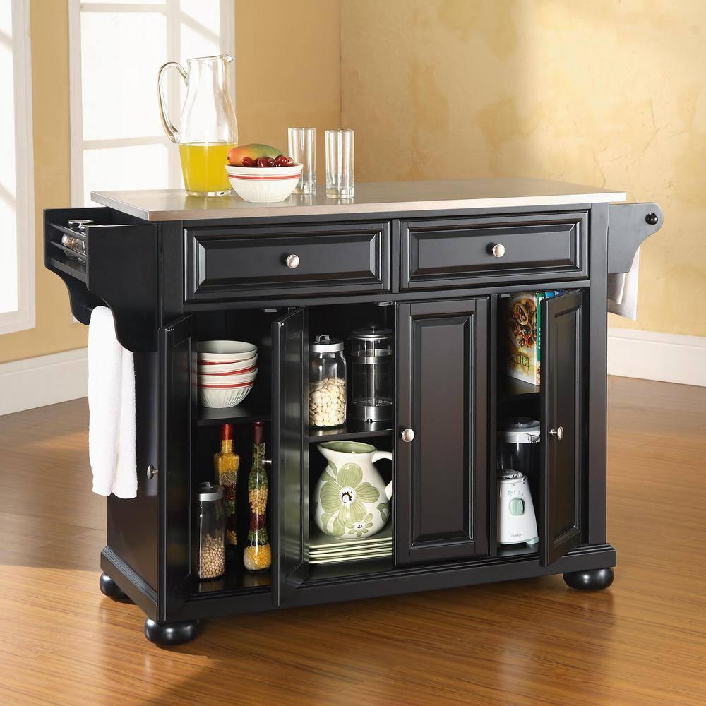 Alexandria Stainless Steel Top Kitchen Island Wood/Black - Crosley: Hardwood Frame, 6 Shelves, 2 Drawers