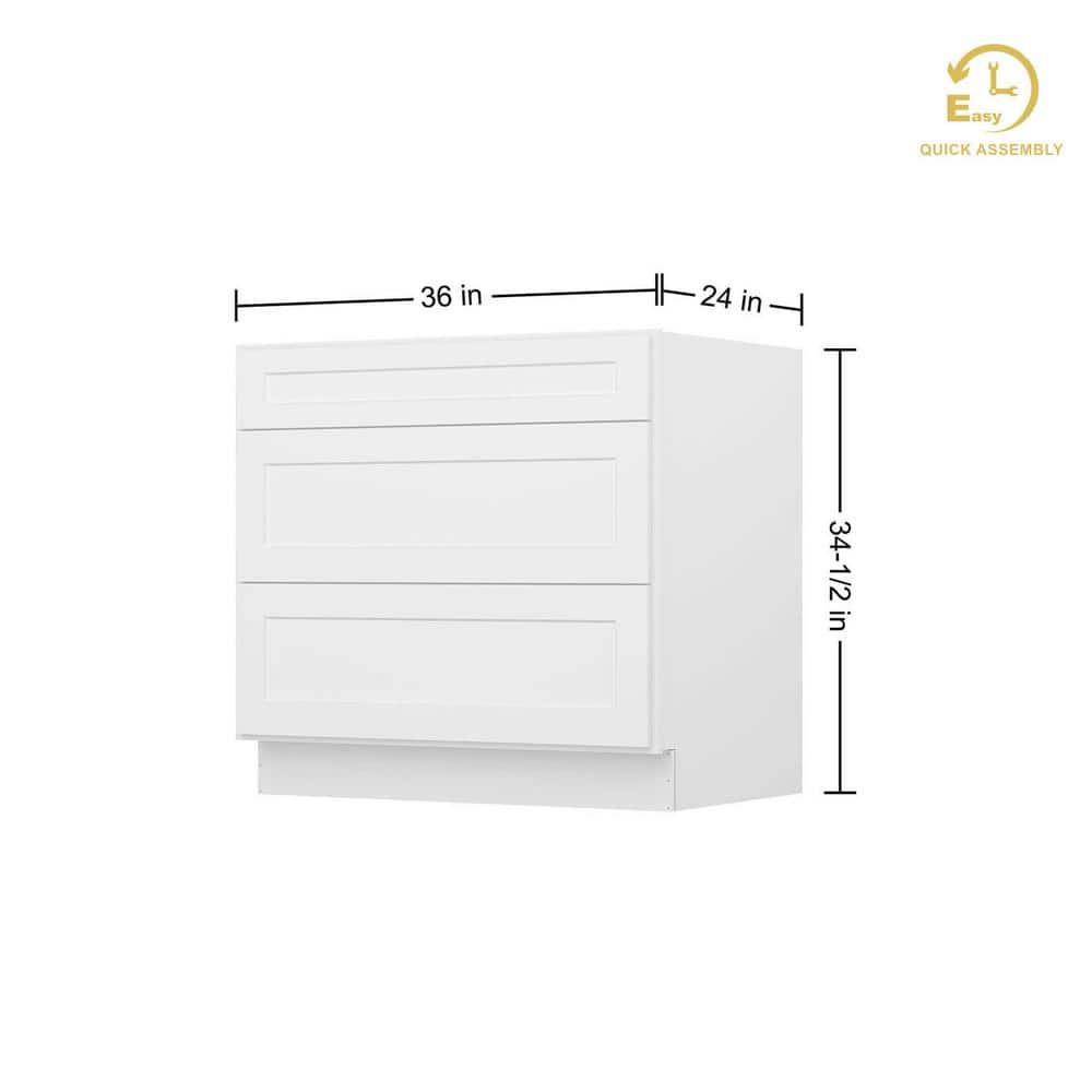 HOMLUX Easy-DIY 36 in W x 24 in D x 34.5 in H in Shaker White Ready to Assemble Drawer Base Kitchen Cabinet With 3-Drawers