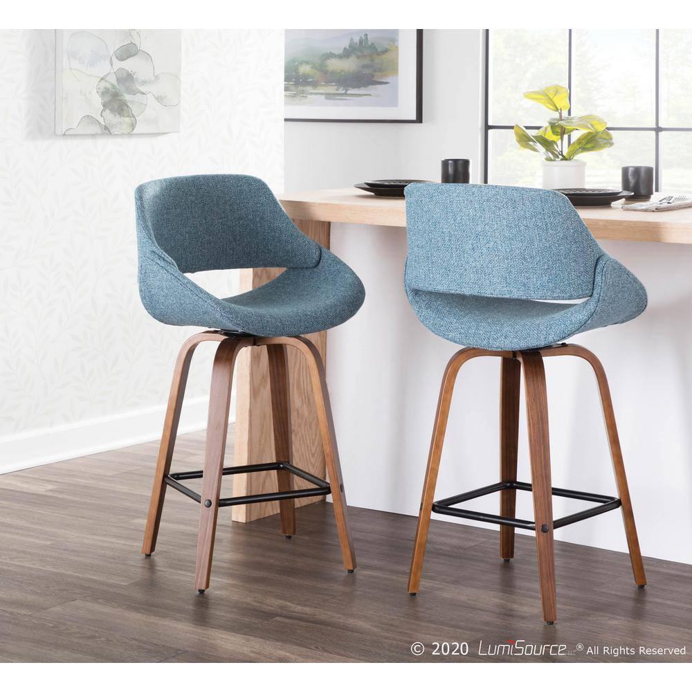 Set of 2 Fabrico Mid-Century Modern Counter Height Barstools - LumiSource: Walnut Wood, Polyester Upholstery