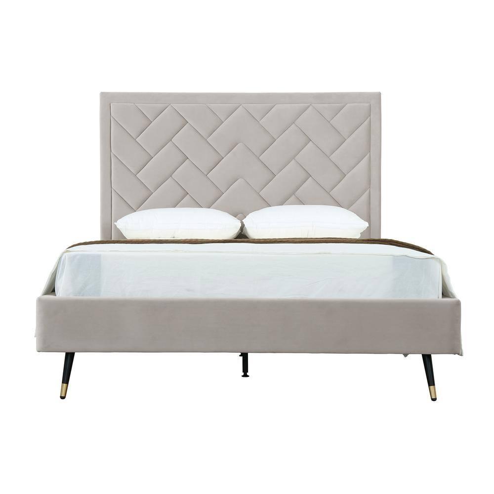 Manhattan Comfort Queen Crosby Modern Velvet Upholstered Bed Greige