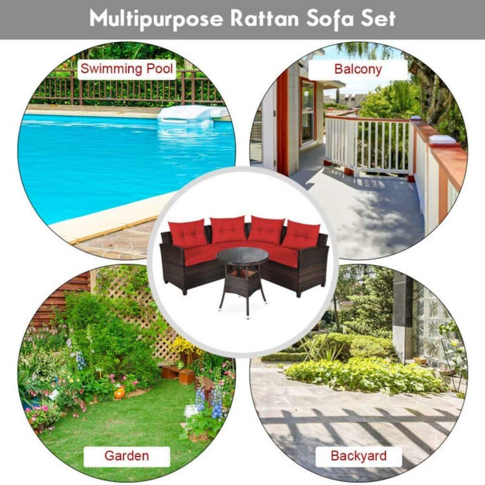 Costway 4PCS Outdoor Patio Rattan Furniture Set Cushioned Sofa Table Red