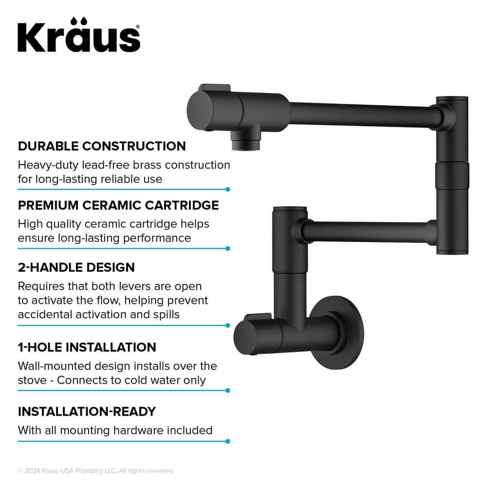 KRAUS Bolden 2 Handle Pot Filler Faucet With Retractable Arm, Wall Mount Kitchen Faucet, Pot Filler For Over Stove