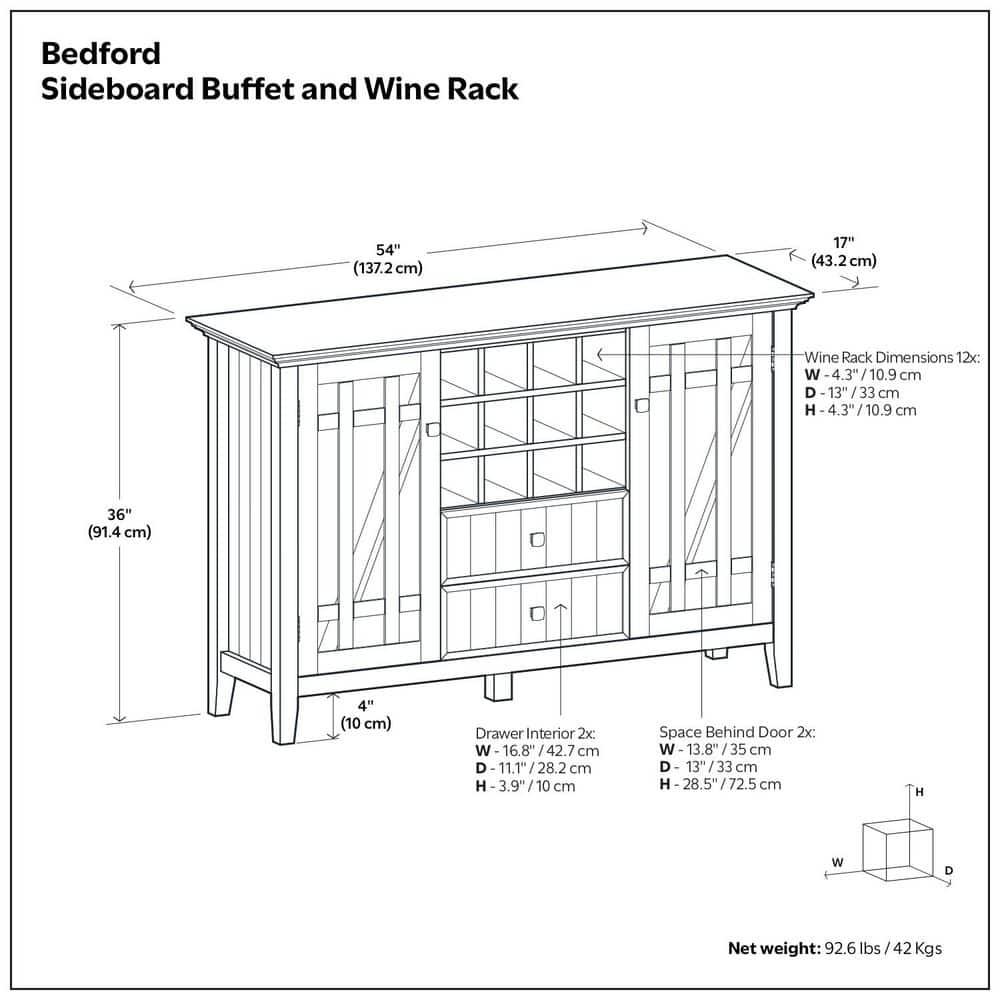 Simpli Home Bedford 54"W Solid Wood Sideboard Buffet and Wine Rack, 2 Drawers, and 2 Cabinets