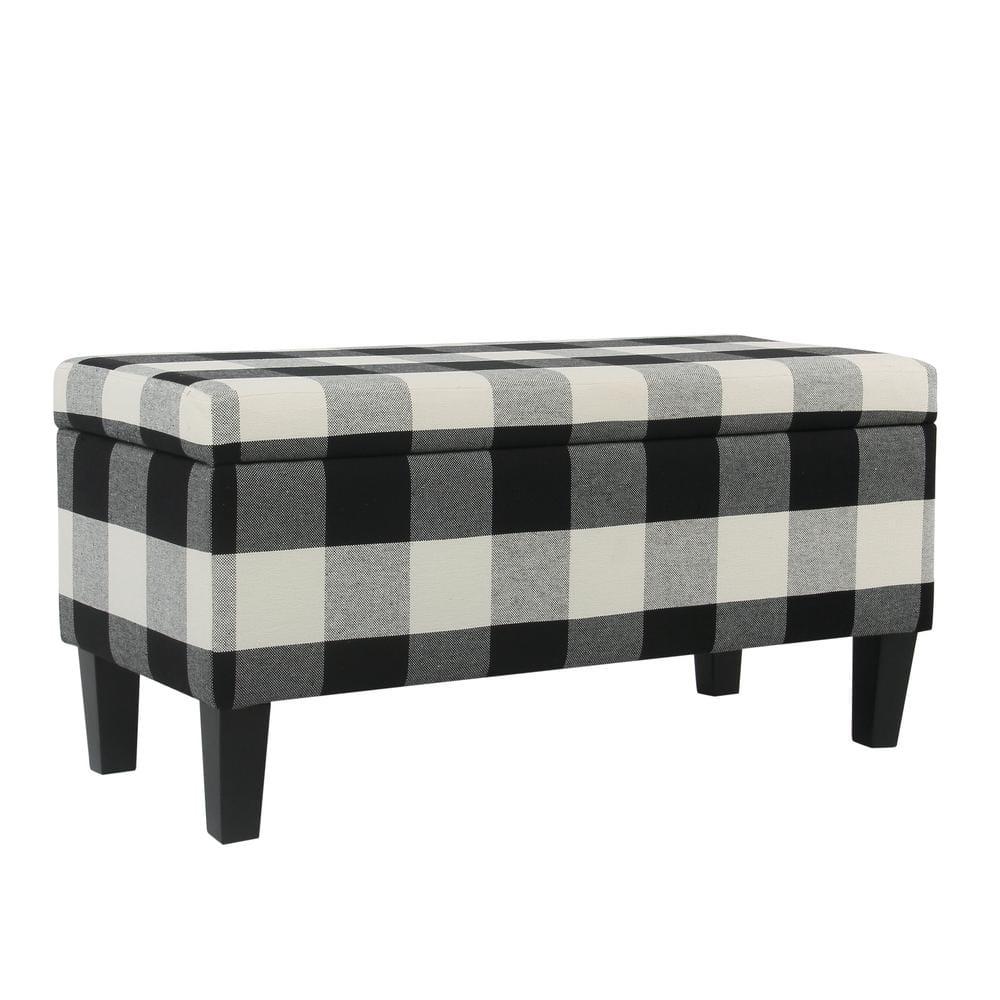 Large Decorative Storage Bench Black Plaid - HomePop: Upholstered Ottoman for Bedroom & Entryway