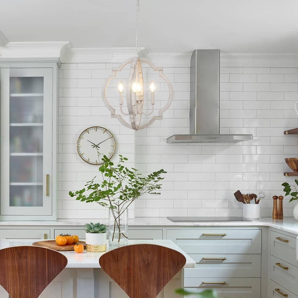 Farmhouse Chandelier Rustic Orb Chandeliers for Dining Room White Wooden Pendant Lighting 4 Light Small French Country Hanging Light Fixtures for Kitchen Island Living Room Bedroom Entryway