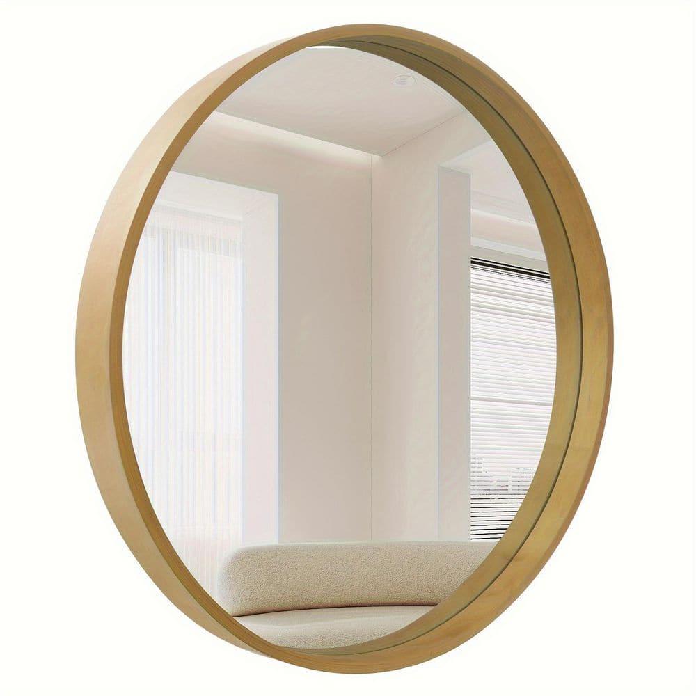 32" Wood Round Mirror Natural - WallBeyond: Pine Frame, Wall Mount, Modern Decor