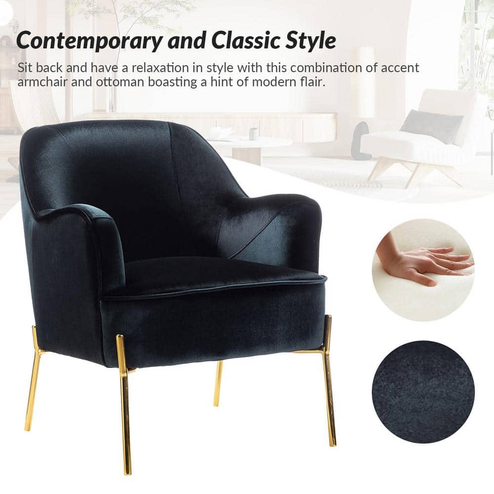 Elegant Black Velvet Curved Backrest Accent Chair with Golden Metal Legs