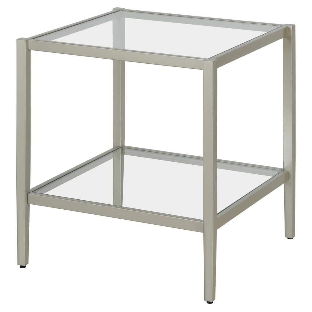 Evelyn&Zoe Hera 20" Wide Square Side Table with Glass Shelf, Satin Nickel