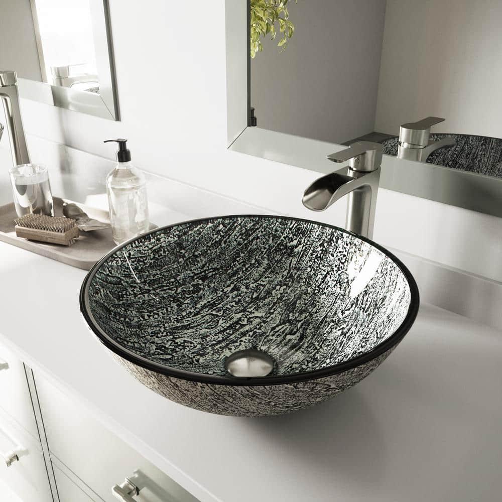 Giovanni Titanium Glass 17" L 17" W 6" H Round Vessel Bathroom Sink