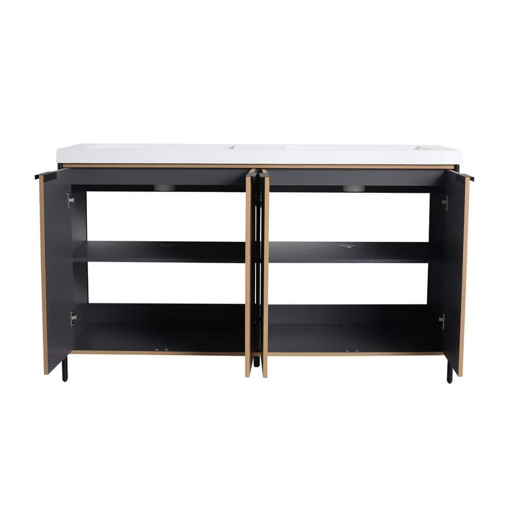 SSLine 60" Bathroom Vanity with Double Sink Mid-Century Modern Bathroom Sink Cabinet Freestanding Bathroom Vanities with Double White Top Basin and Adjustable Storage Shelves, Natural Brown Stripe