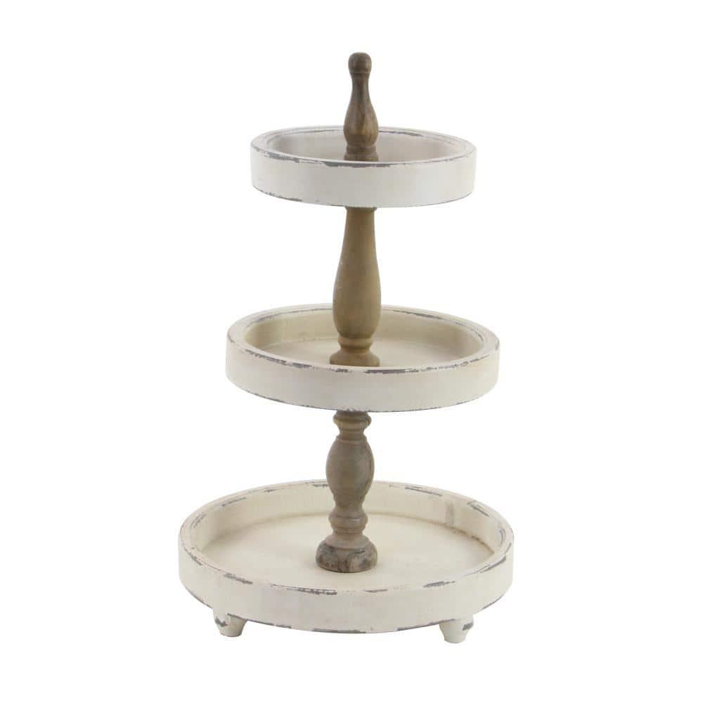 3 Tier Round Distressed Natural Wood Farmhouse Style Serving Trays - Olivia & May