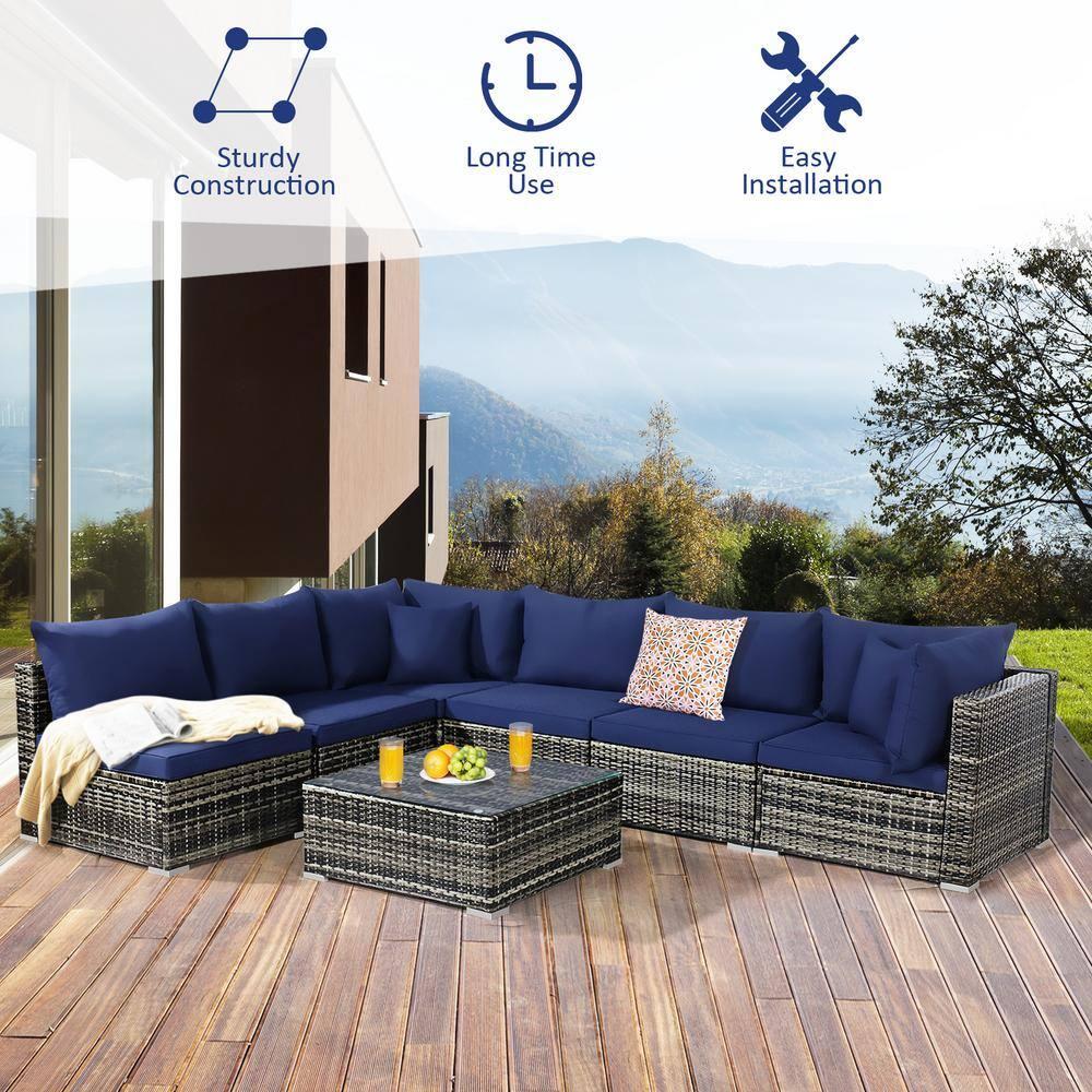Costway 7PCS Patio Rattan Furniture Set Sectional Sofa Cushioned Garden Navy