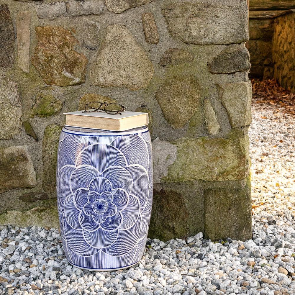 JONATHAN Y Camellia 17" Ceramic Drum Garden Stool, Blue