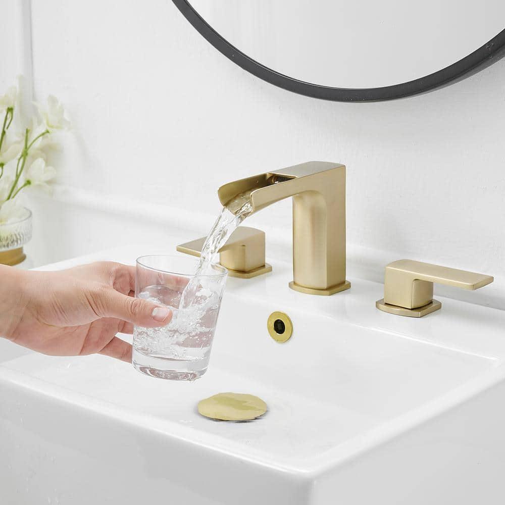 BWE Waterfall 8 in. Widespread Double Handle Bath Faucet Set 3 Holes Vanity Sink With Metal Drain