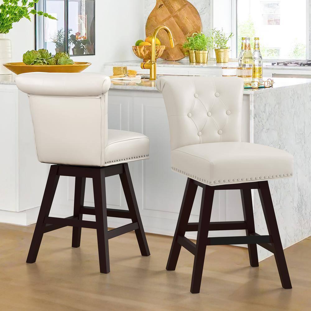 Dycanpo 26'' Swivel Bar Stools Set of 2, Upholstered Barstool with Footrest for Kitchen,White-Faux Leather