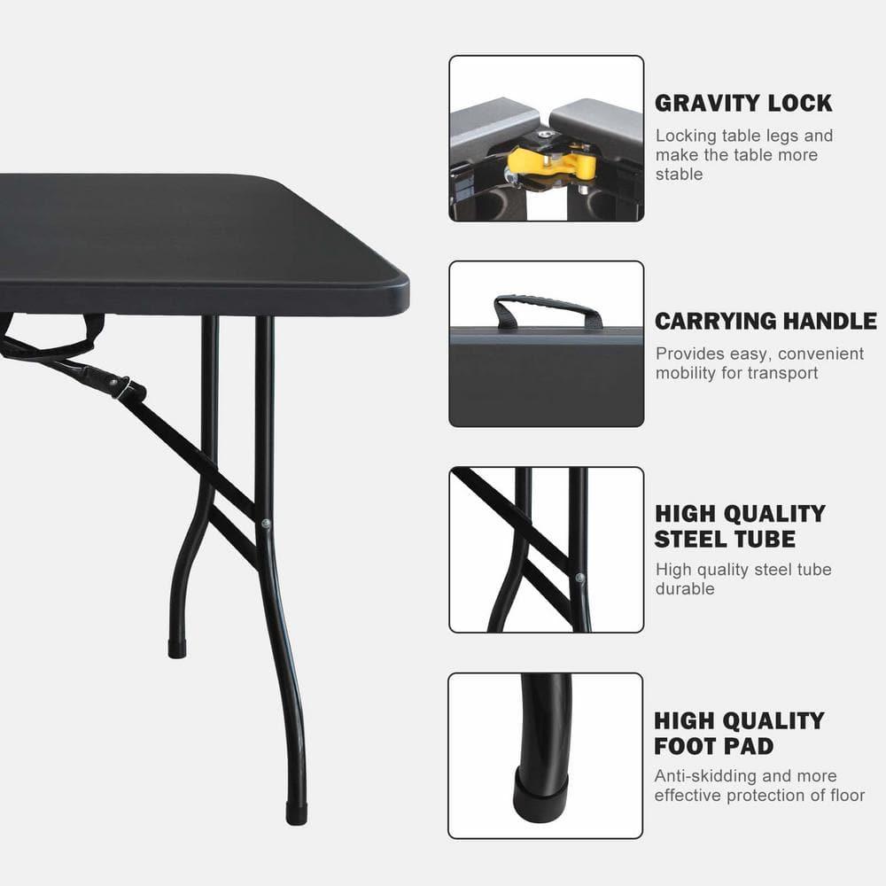Plastic Folding Table 6ft Heavy Duty Portable Dining Table for Camping, Picnics, Parties, High Load Bearing Foldable Picnic Table,Black