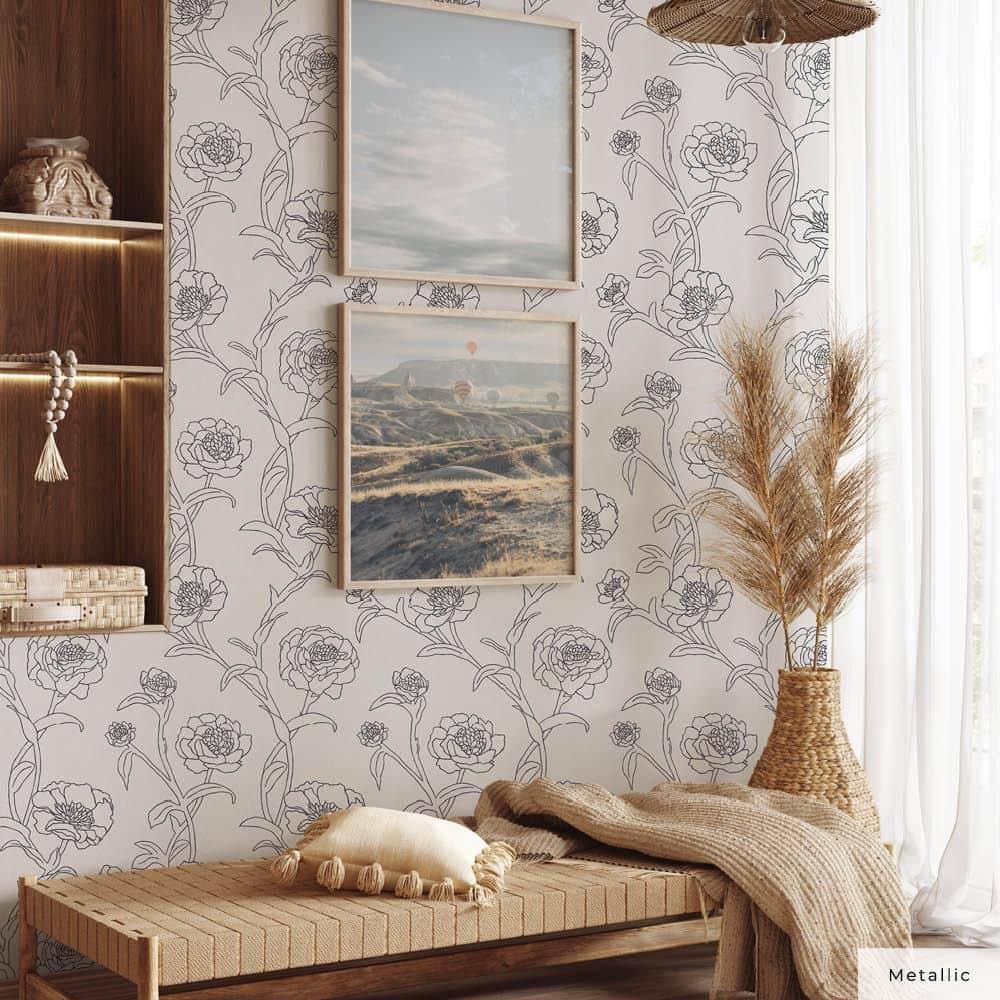 Tempaper & Co. Peonies Removable Peel and Stick Wallpaper, Black and White Floral, 56 sq. ft.: Vinyl Self-Adhesive Botanical Decor