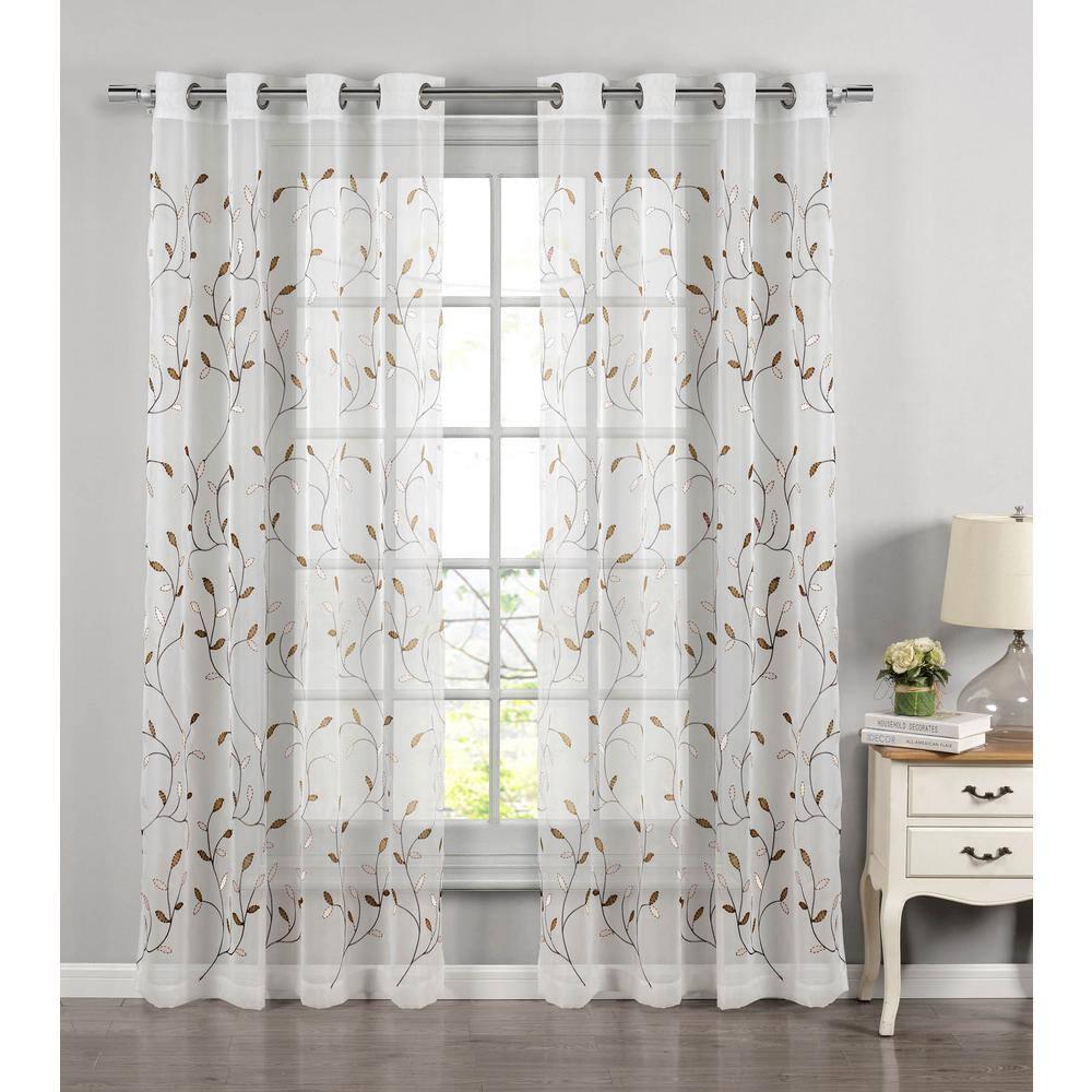 Grommet Curtain Panel, Embroidered Sheer Extra-Wide, Beige 54" x 84"