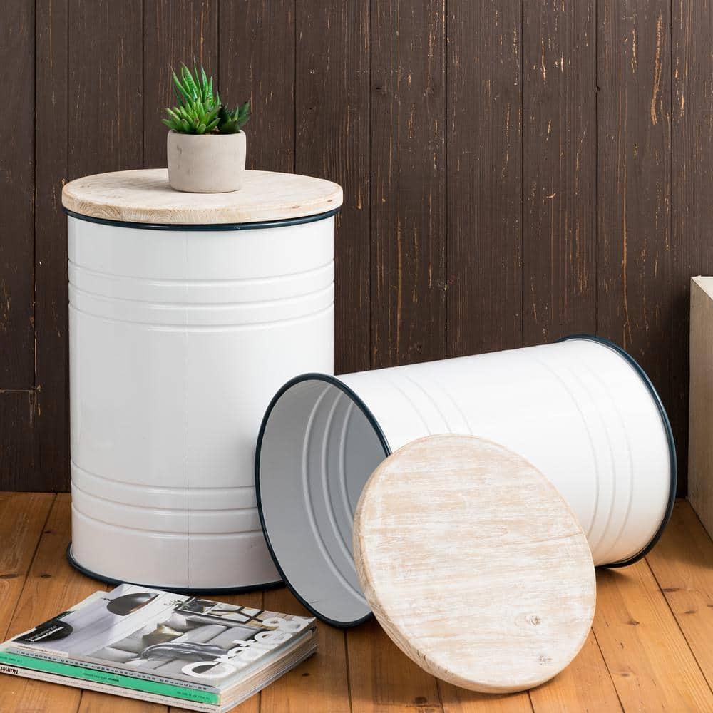 White Metal and Wood Farmhouse Storage Accent Stools, Set of 2