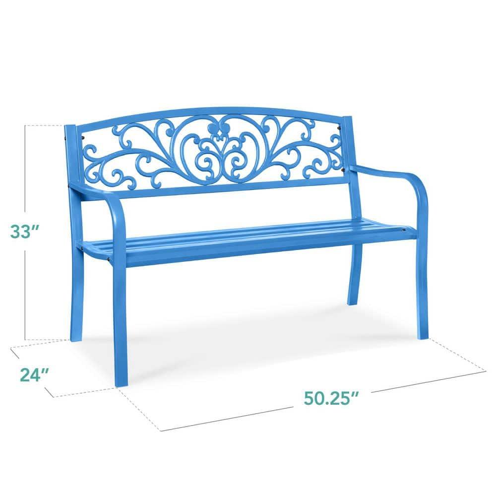 World Menagerie Outdoor Steel Bench with Floral Backrest & Slatted Seat, Marigold for Garden, Patio, Porch, Lawn, and Deck