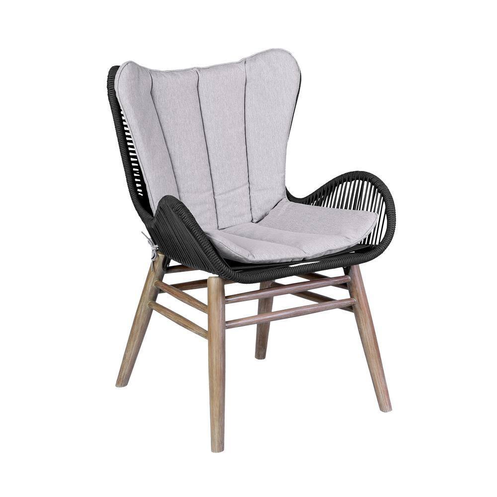 Armen Living Sydney and Armen Living Fanny 5 Piece Outdoor Patio Dining Set in Light Eucalyptus Wood with Charcoal Rope and Grey Cushions