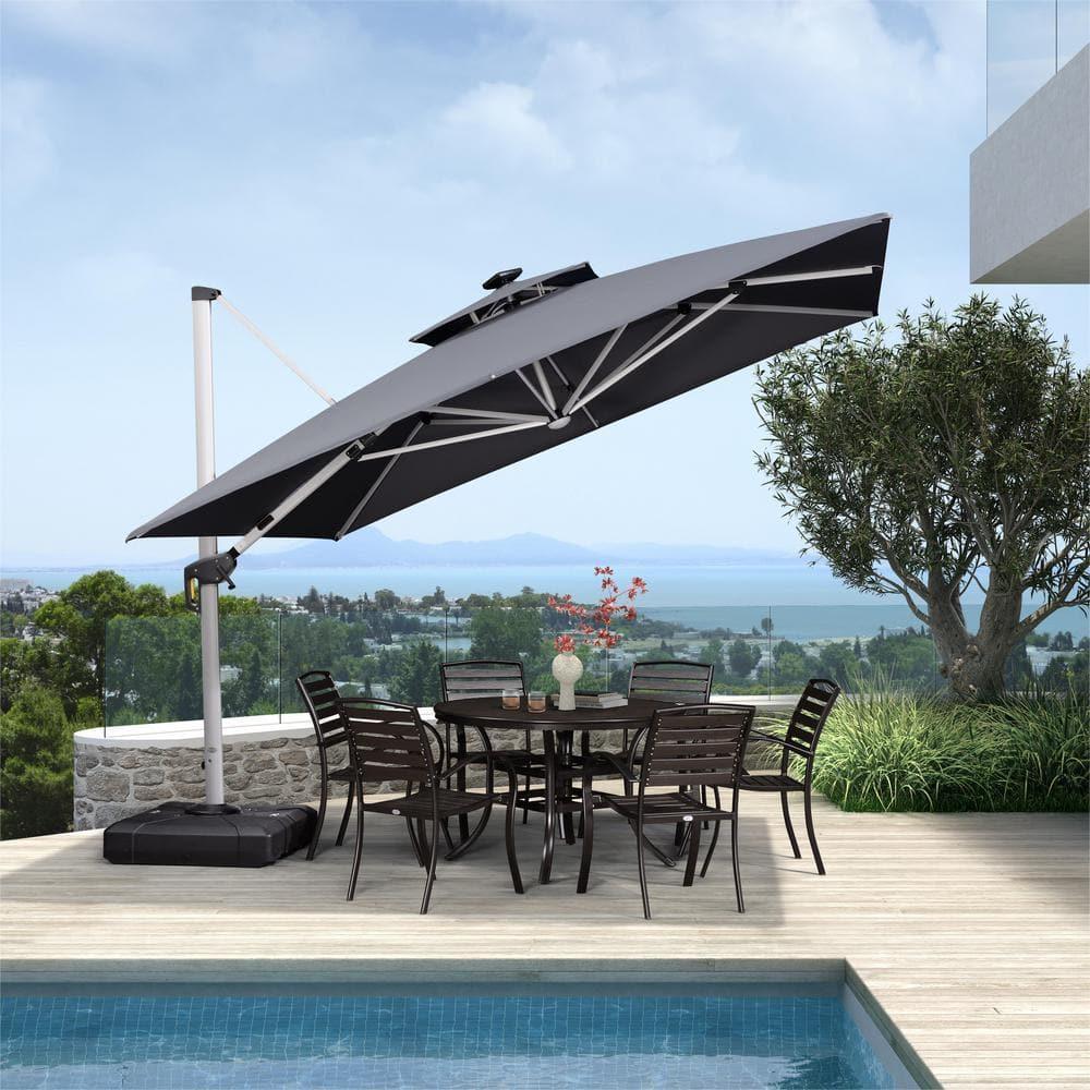 PURPLE LEAF 11FT Square Double Top Deluxe Solar Powered LED Patio Umbrella Outdoor Cantilever Umbrella, Gray