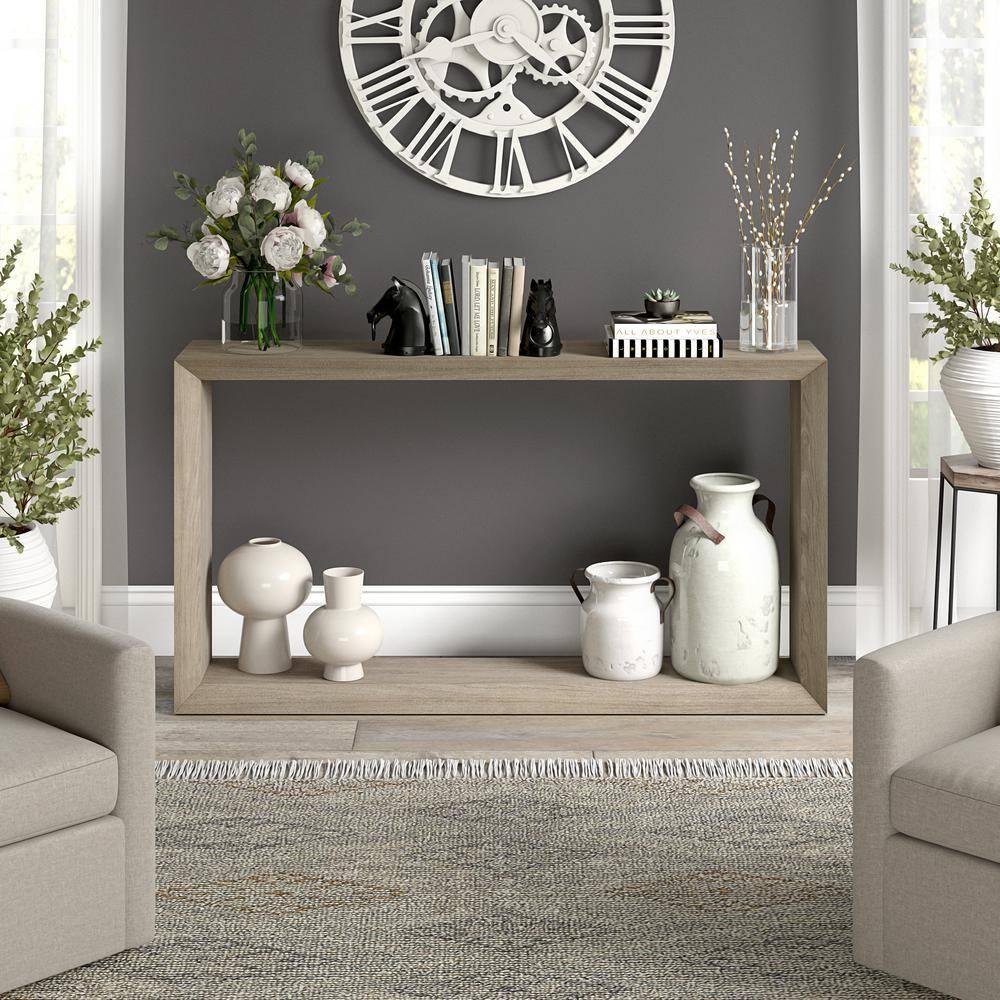 Evelyn&Zoe Osmond 55" Wide Rectangular Console Table, Antiqued Gray Oak