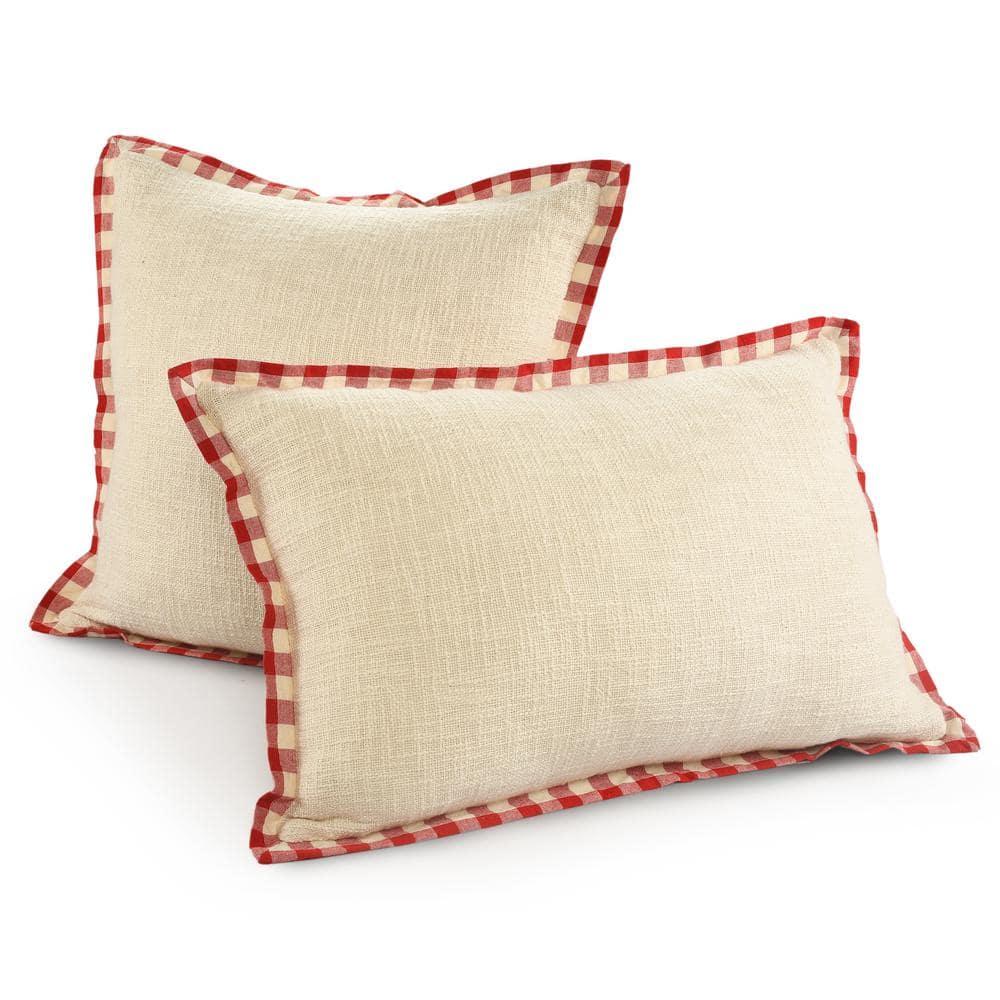Buffalo Ivory / Red 16 in. x 24 in. Plaid Bordered Lumbar Indoor Throw Pillow
