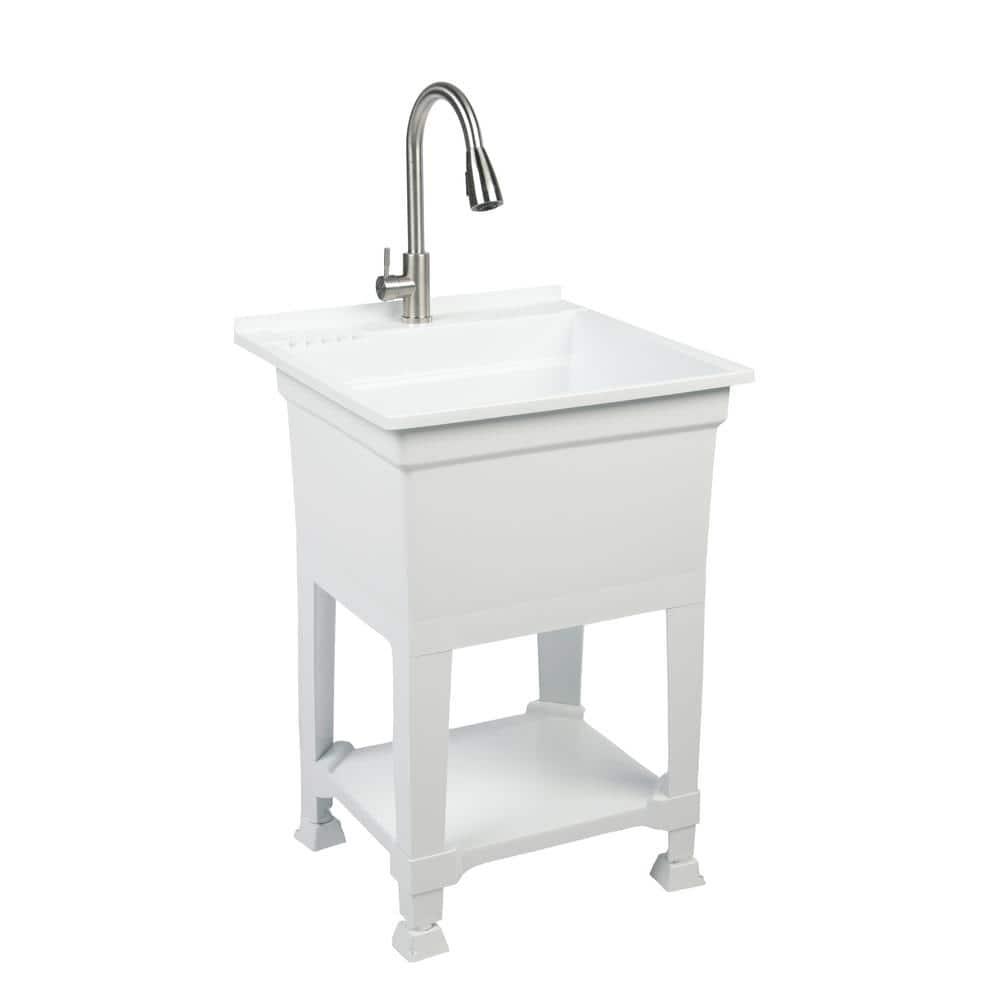 UTILITYSINKS Plastic 24" Freestanding Compact Utility Tub Sink for Workshop, Laundry Room, Garage, Greenhouse & Pet Wash Station, White