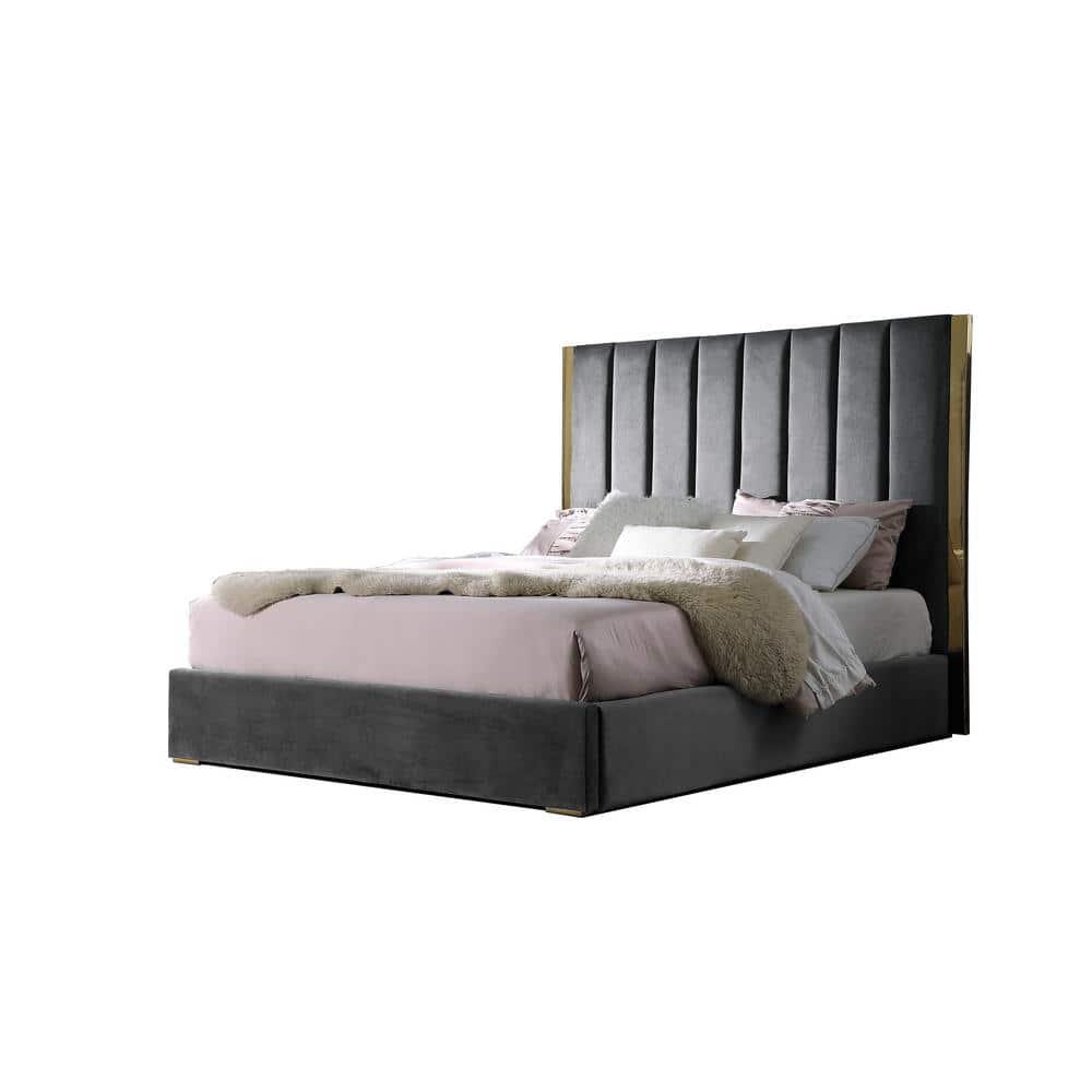 Cama con Plataforma King de Terciopelo Gris Oscuro Jalen con Detalles Dorados