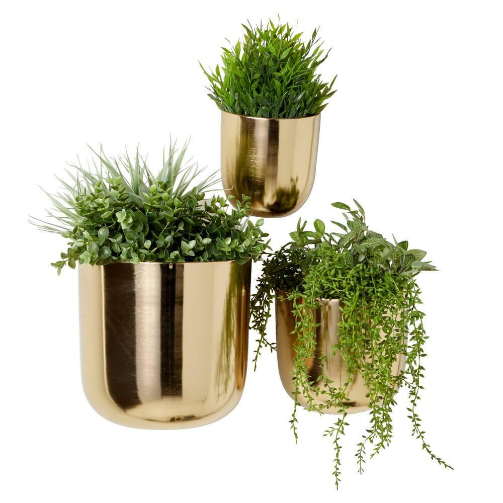 DecMode 9", 7", 6"H Round Gold Metal Indoor Outdoor Floating Wall Planter (3 Count)